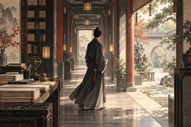 规整长廊尽头出现自主选择的出口，表现正官的秩序感与弹性边界