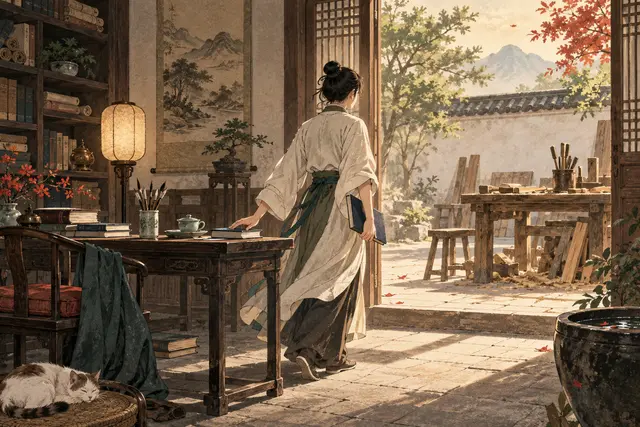 温暖书室中一扇打开的门，表现正印的滋养以及从保护走向自主行动
