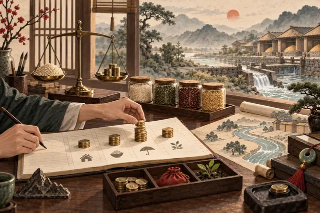 精算桌上的账本、秤与稳定水流，表现正财的秩序、积累和安全感