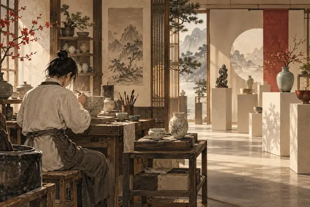 手艺人在安静工作台上完成作品并推向人群，表现食神的创造与落地