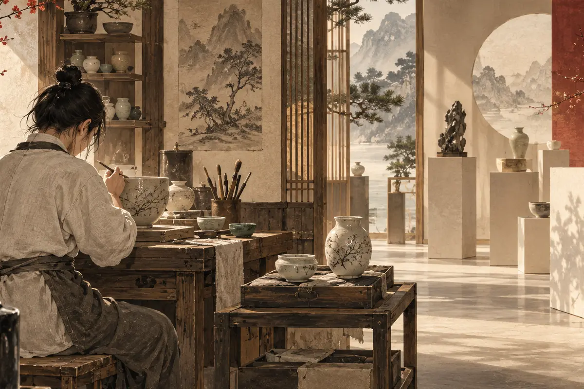 手艺人在安静工作台上完成作品并推向人群,表现食神的创造与落地