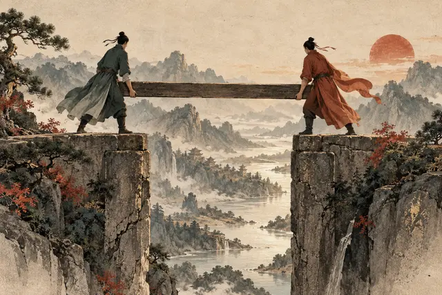 两块并立界碑之间出现可通行的桥，表现比肩的独立、平等与合作