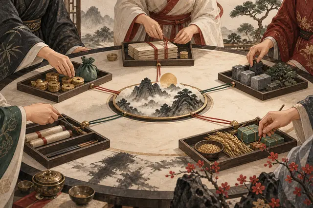 多人围桌划分资源与责任边界，表现劫财主题中的合作、竞争和契约