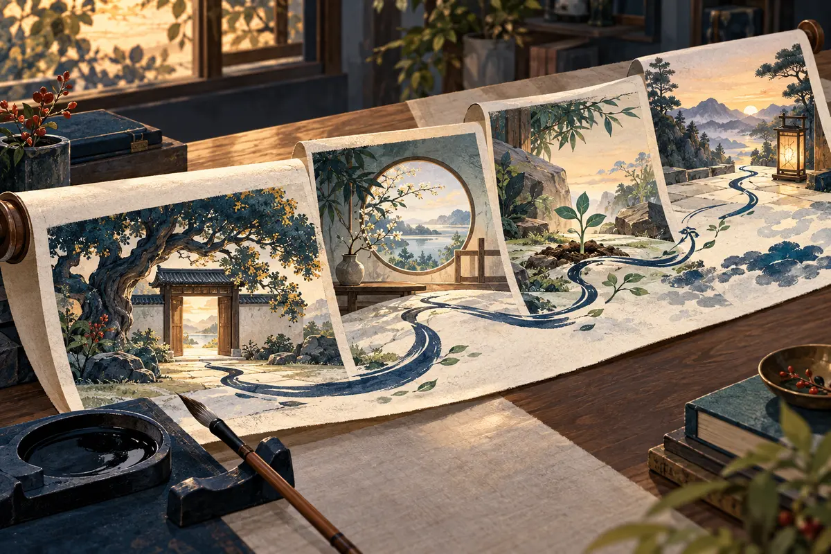 递进展开的四柱宫位画卷与墨色线条，呈现年、月、日、时四柱层层递进的阅读次序