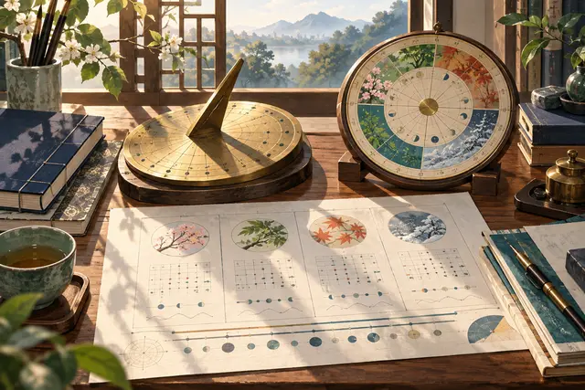 书案上展开的四柱排盘图纸与节气日晷，展现结合历法坐标建立的理性自我观察视角