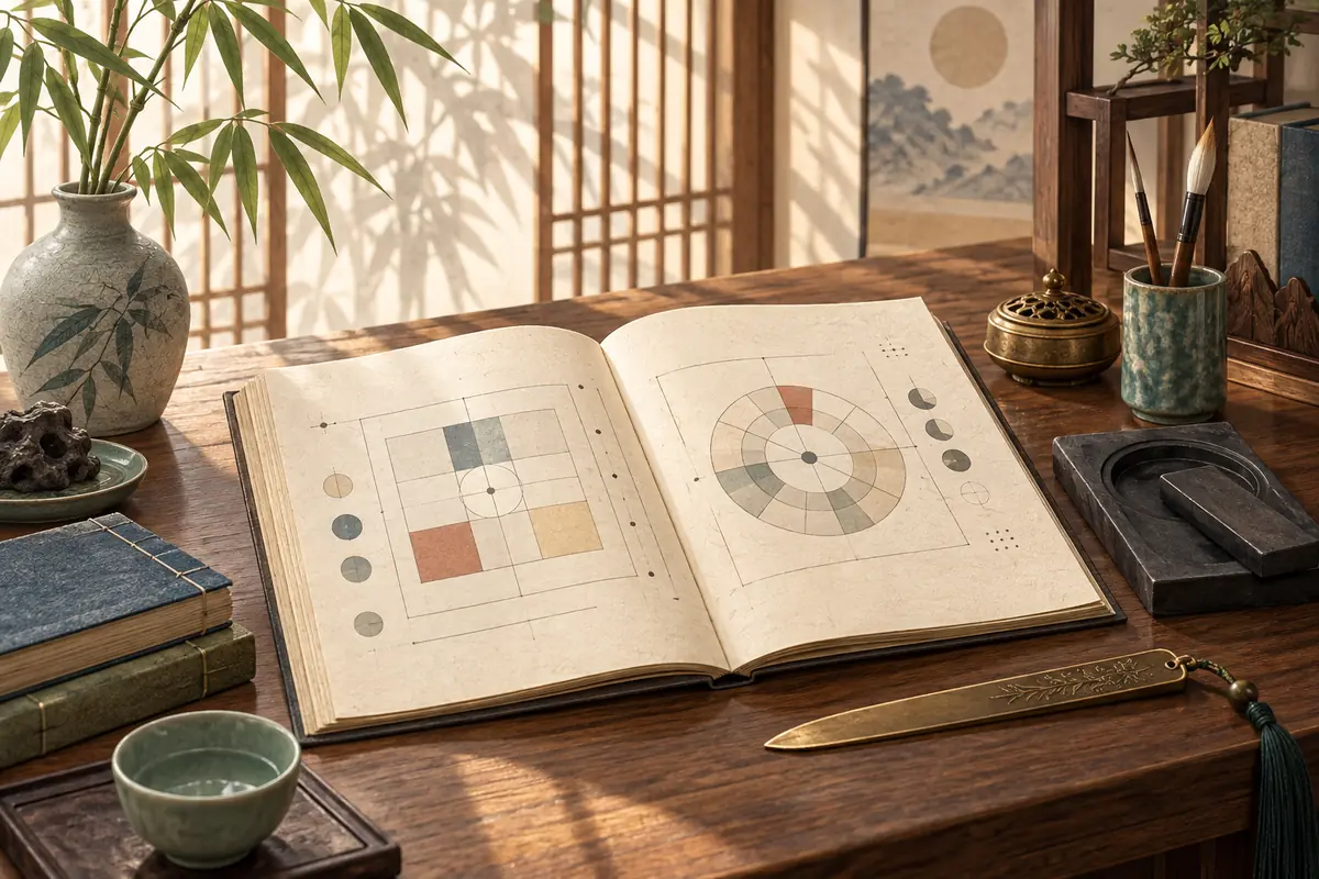 书案上摊开的八字排盘宣纸册页与文房器具,呈现沉静理性的研读氛围