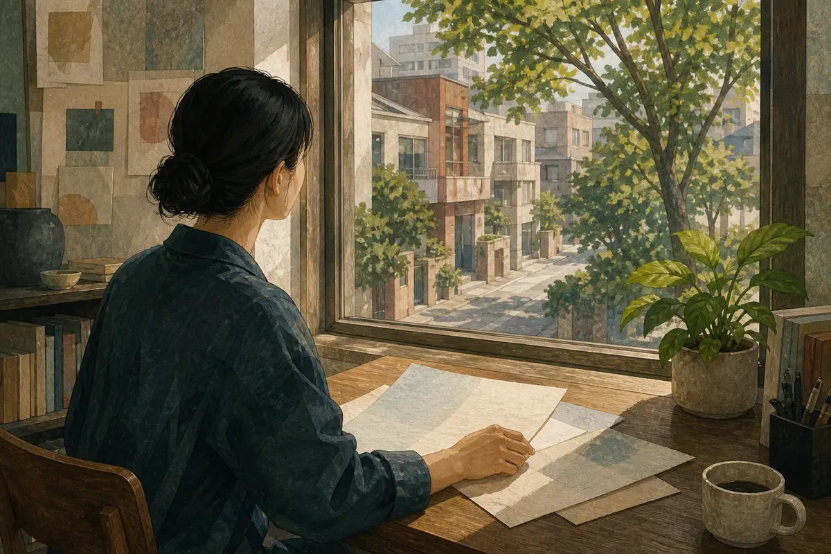 书桌前整理思绪并面向现实生活窗景的插画