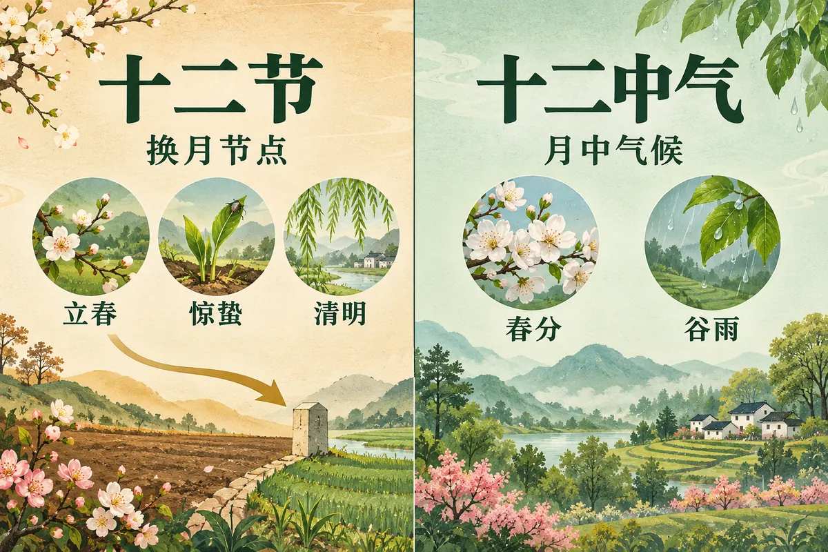 立春、惊蛰、清明与春分、谷雨的节令分类示意图