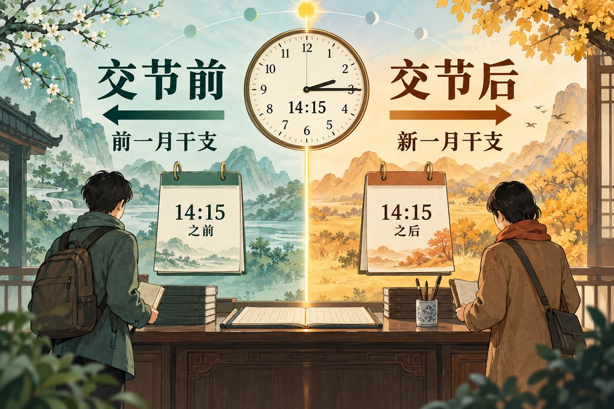 以14:15为假设交节时刻，示意交节前后的月柱归属
