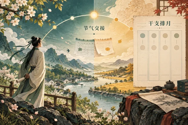 节令交接的景色、太阳轨道与干支排月概念插画