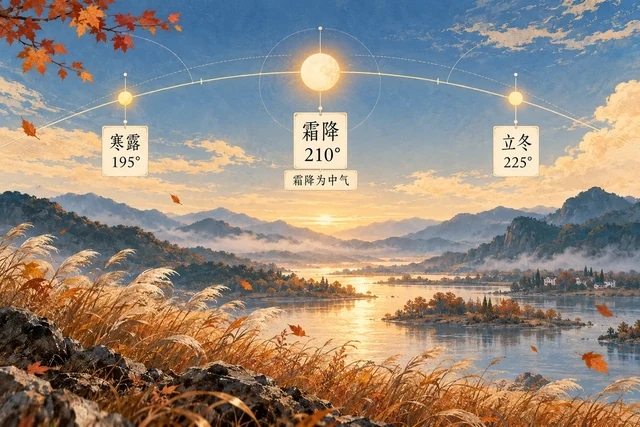 霜降与二十四节气太阳黄道度数及四柱排月交节边界的插图示意。