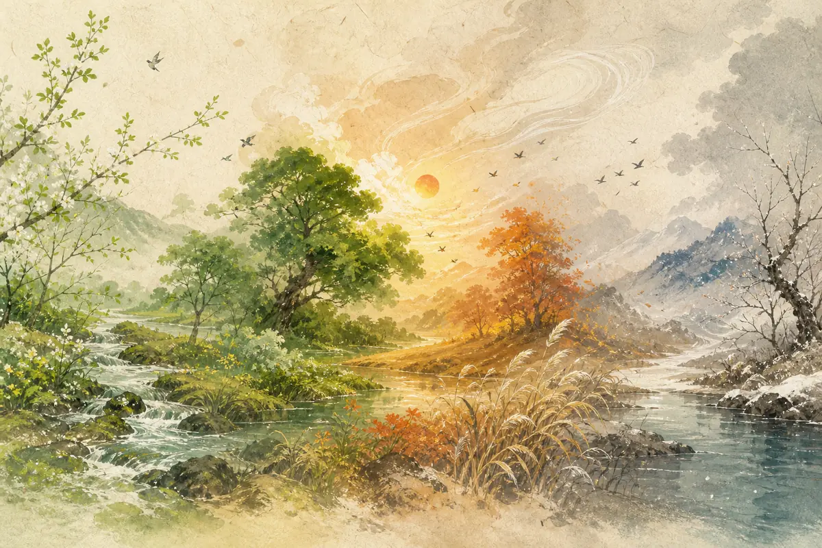 宣纸古卷意象中四季时令与五行气韵自然流转的画面,呼应命理原局中因时而生的多元生命形态