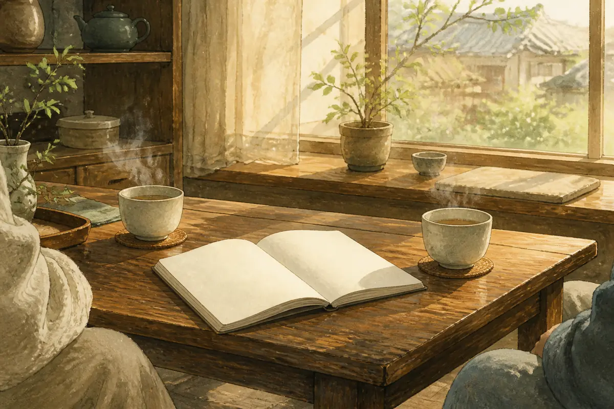 茶席前对坐品茗与静心交流的日常场景,展现将命理启发展开为现实协商与从容相处的温暖氛围