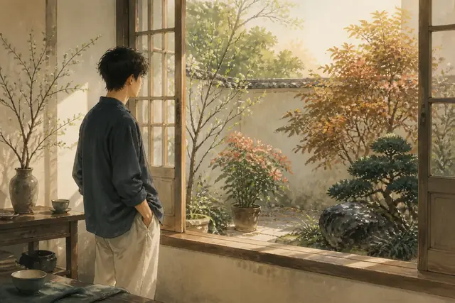 清晨窗前驻足沉思的年轻人，窗外草木依各自时令生长，展现不被单一尺度衡量的舒展意境