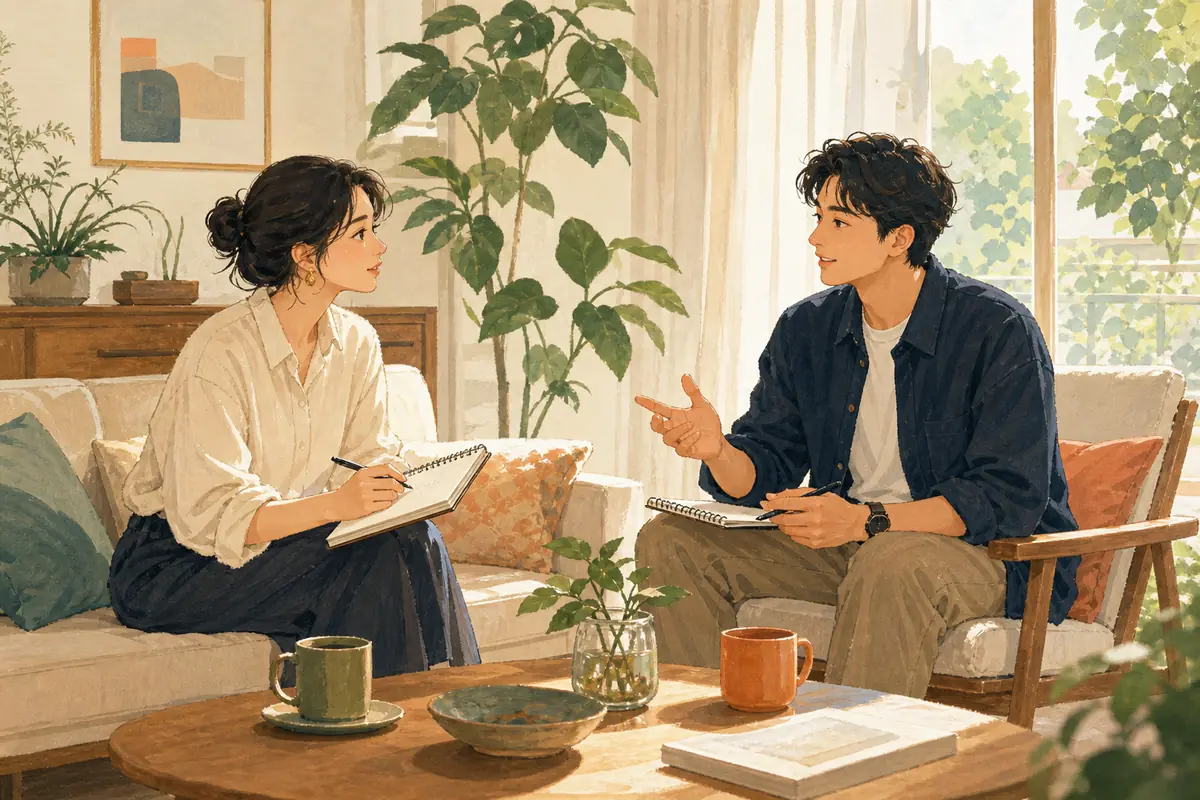 两人在明亮客厅里相对而坐平和交谈与记录日程,体现建立明确边界与相处约定后的和谐状态。