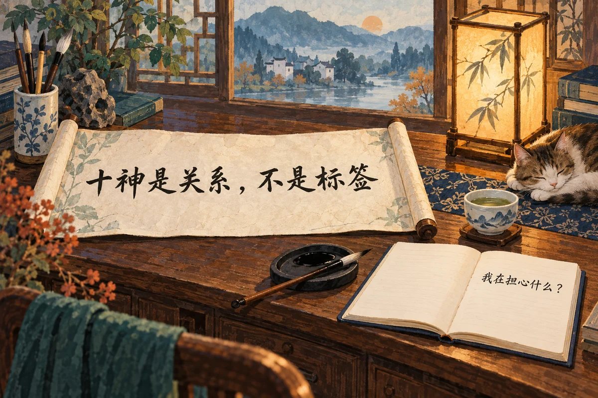 暖光紙燈映照的書案上,展開的手卷上寫有“十神是關係,不是標籤”,打開的筆記本上寫有“我在擔心什麼?”,案頭伴有毛筆與水盂。