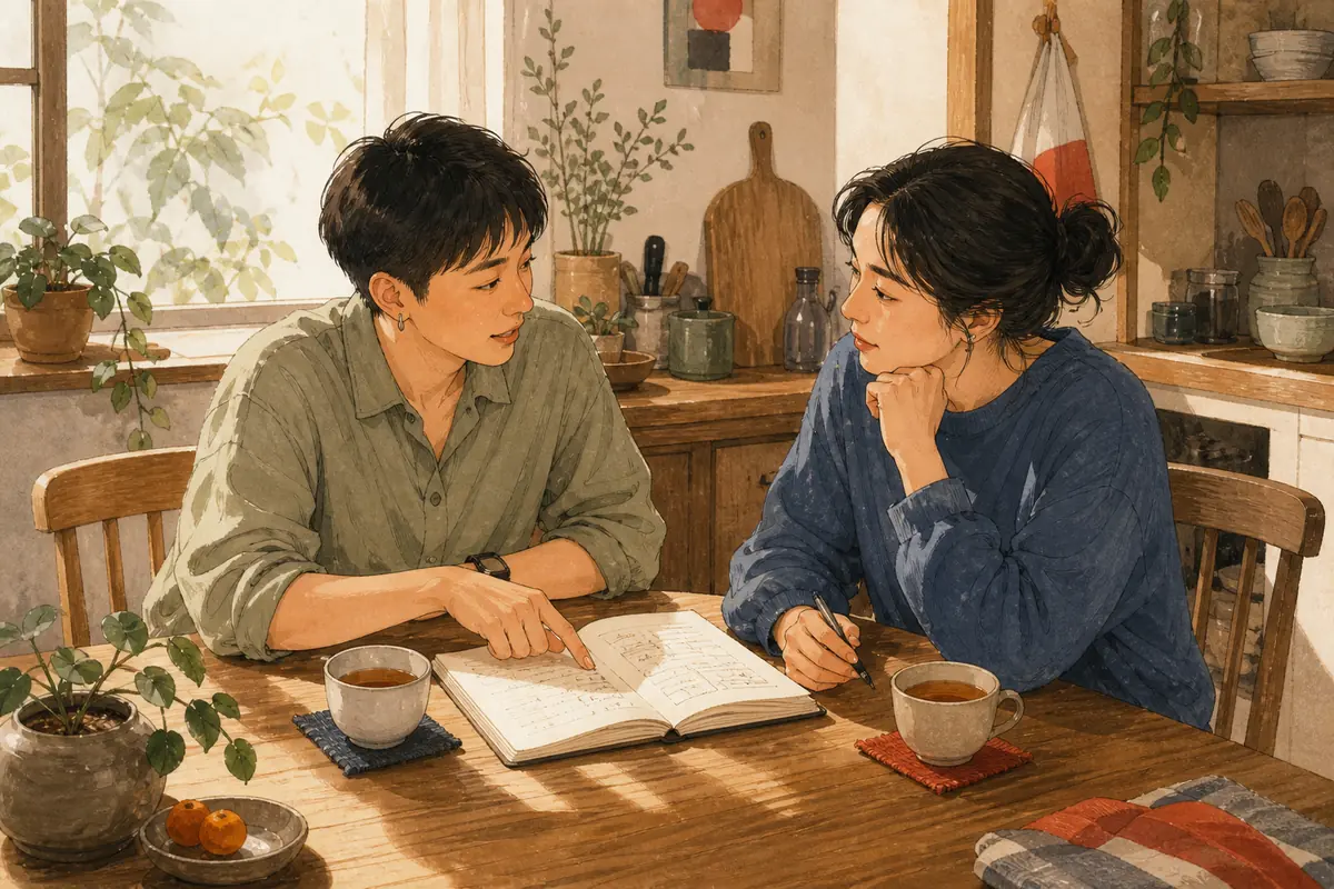 年轻伴侣在木质餐桌前平和交流日常安排与家庭边界,晨光洒在记事本与茶杯旁