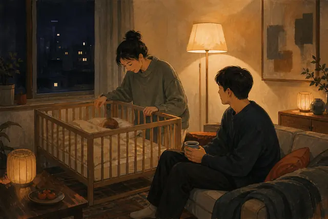 暖色调客厅中的年轻伴侣在深夜守着婴儿床，微光映照出温和而真实的育儿生活切片